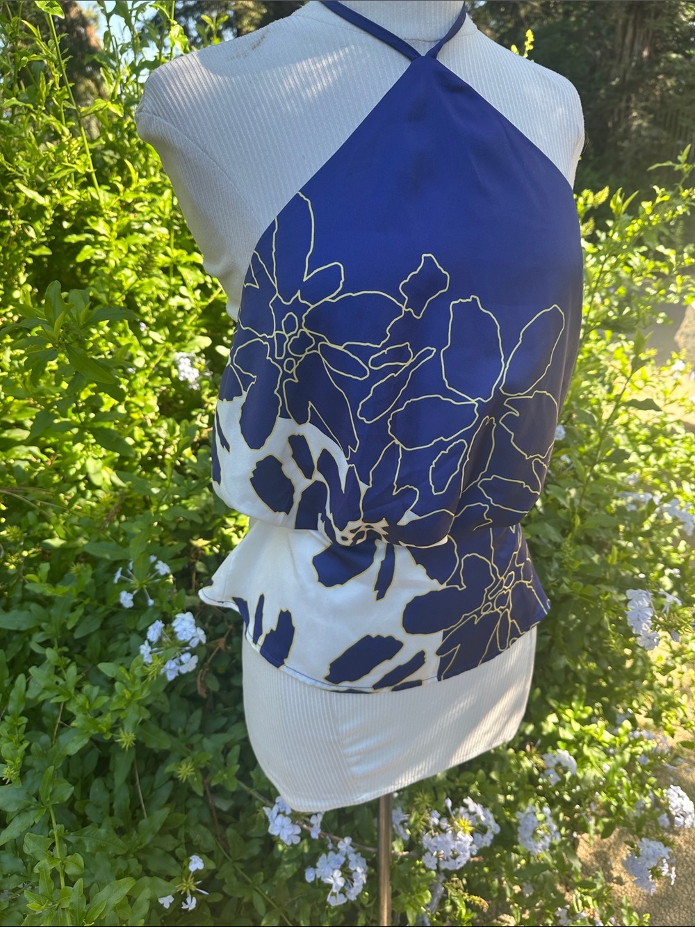 Silky Blouson Halter in Royal Blue and White with Gold Accents